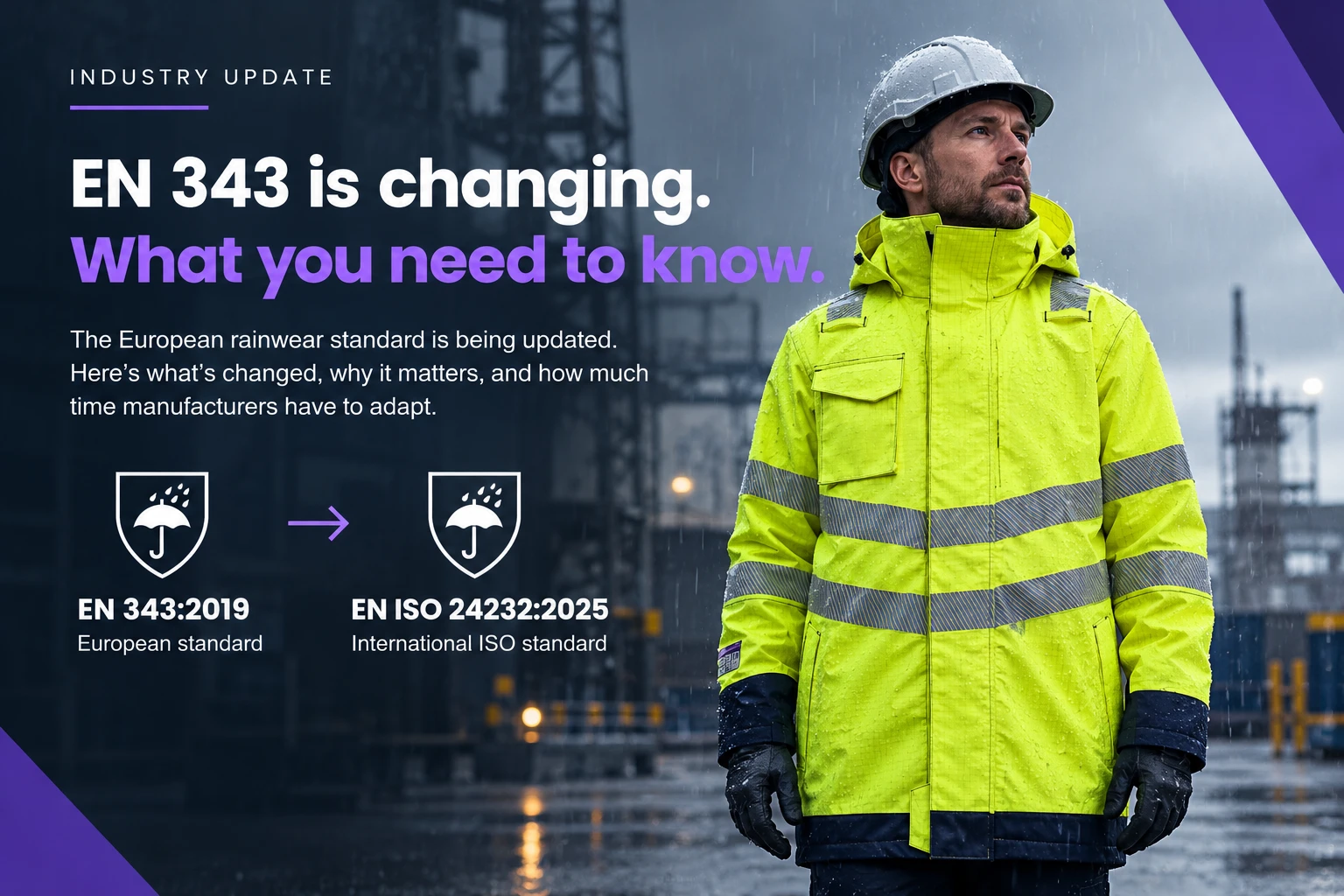 EN 343 is changing to EN ISO 24232:2025 — rainwear standard update
